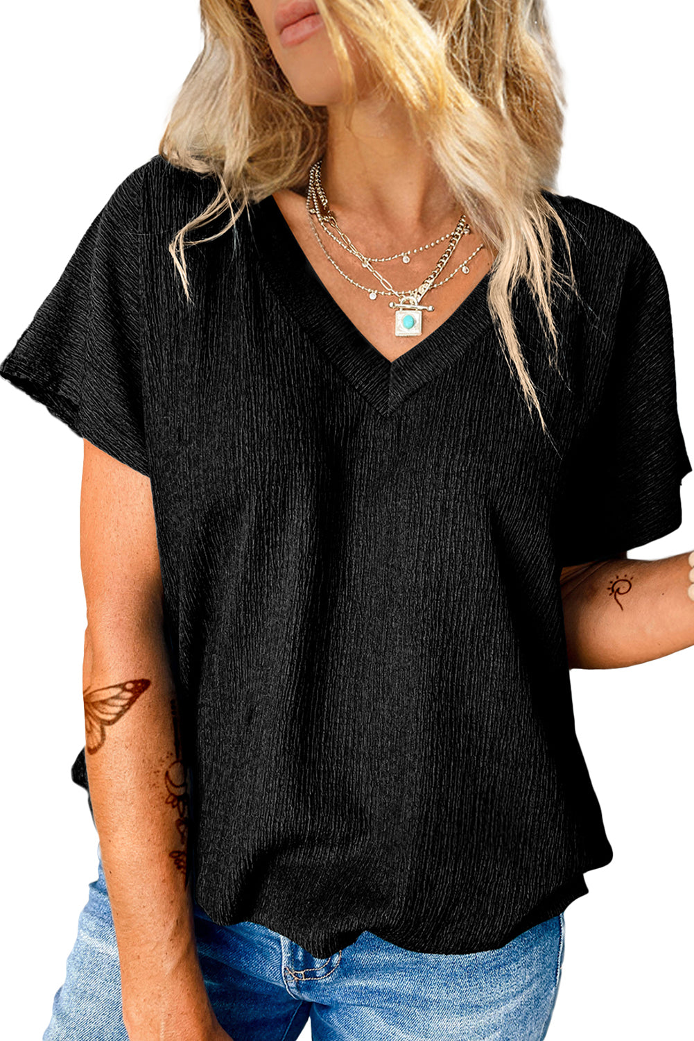 Blue Plain Crinkled V Neck Flounce Sleeve Blouse