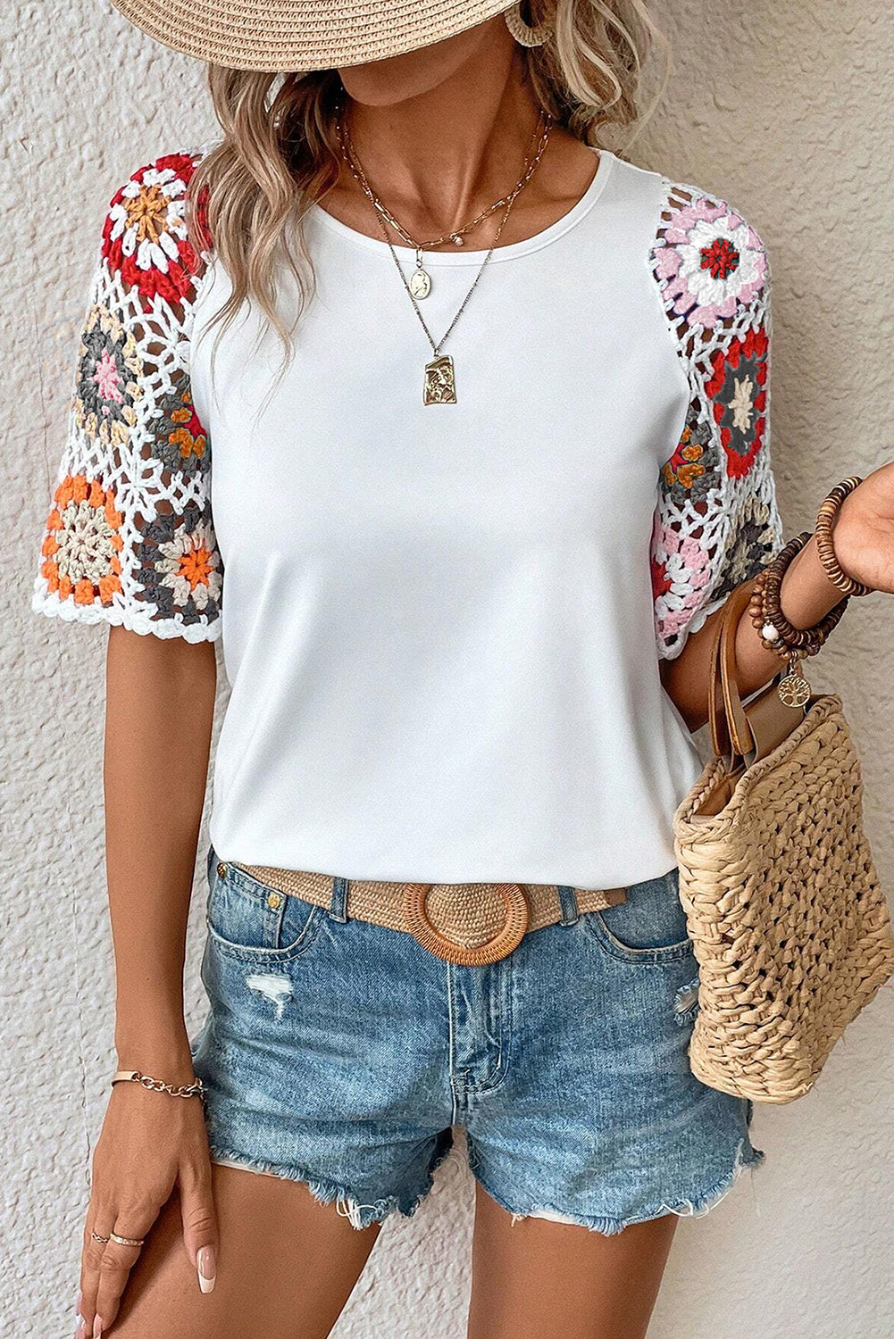 Black Floral Hollowed Crochet Sleeve Boho Blouse