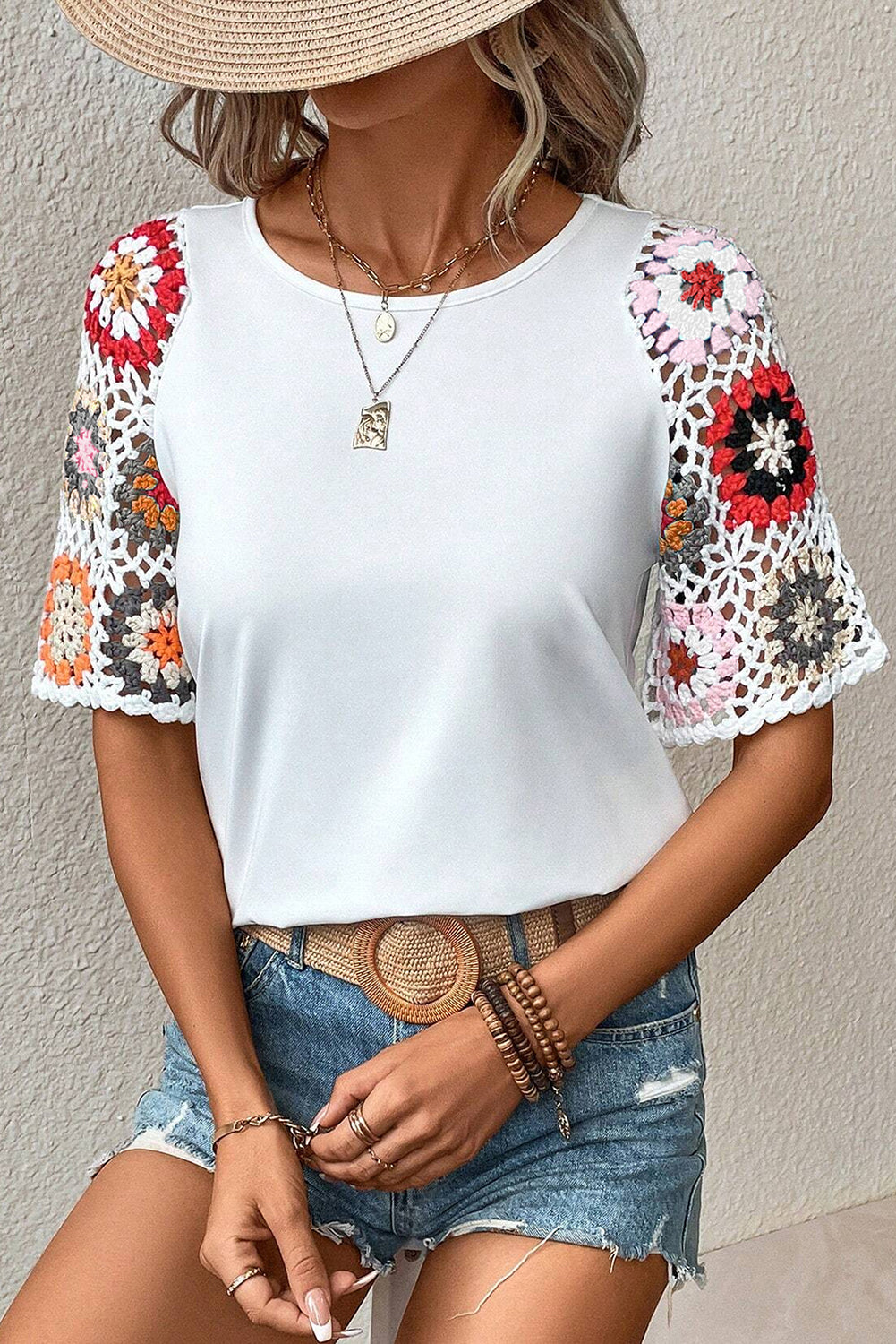 Black Floral Hollowed Crochet Sleeve Boho Blouse