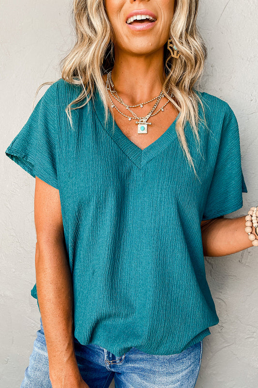 Blue Plain Crinkled V Neck Flounce Sleeve Blouse