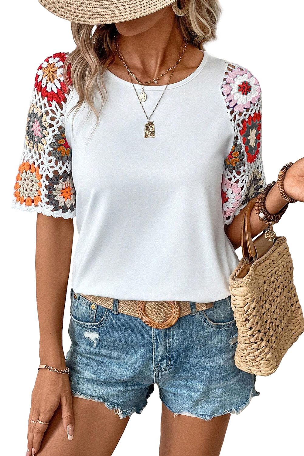 Black Floral Hollowed Crochet Sleeve Boho Blouse