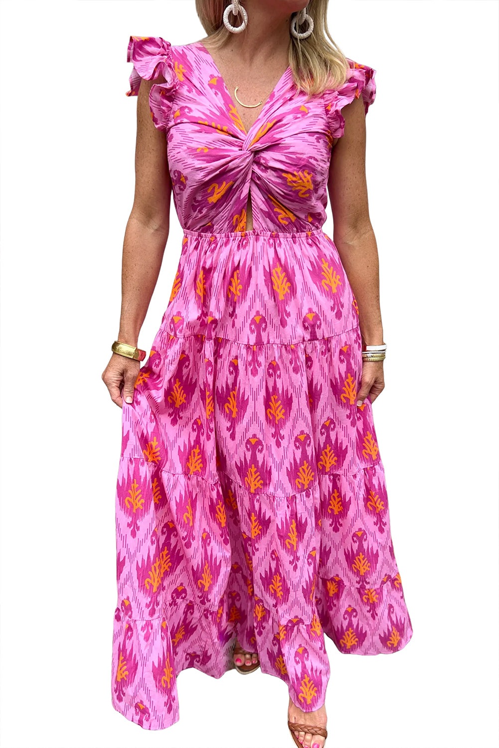 Bonbon Boho Abstract Print Ruffle Tiered Maxi Dress