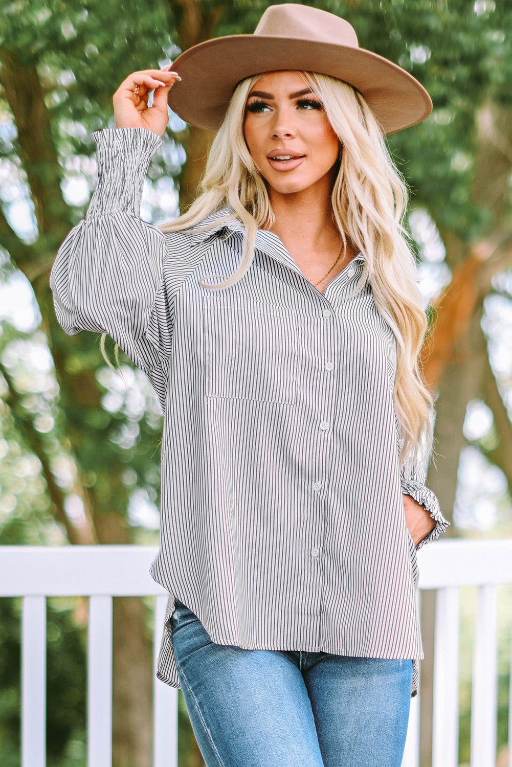 Black Striped Casual Shirred Cuffs Shirt