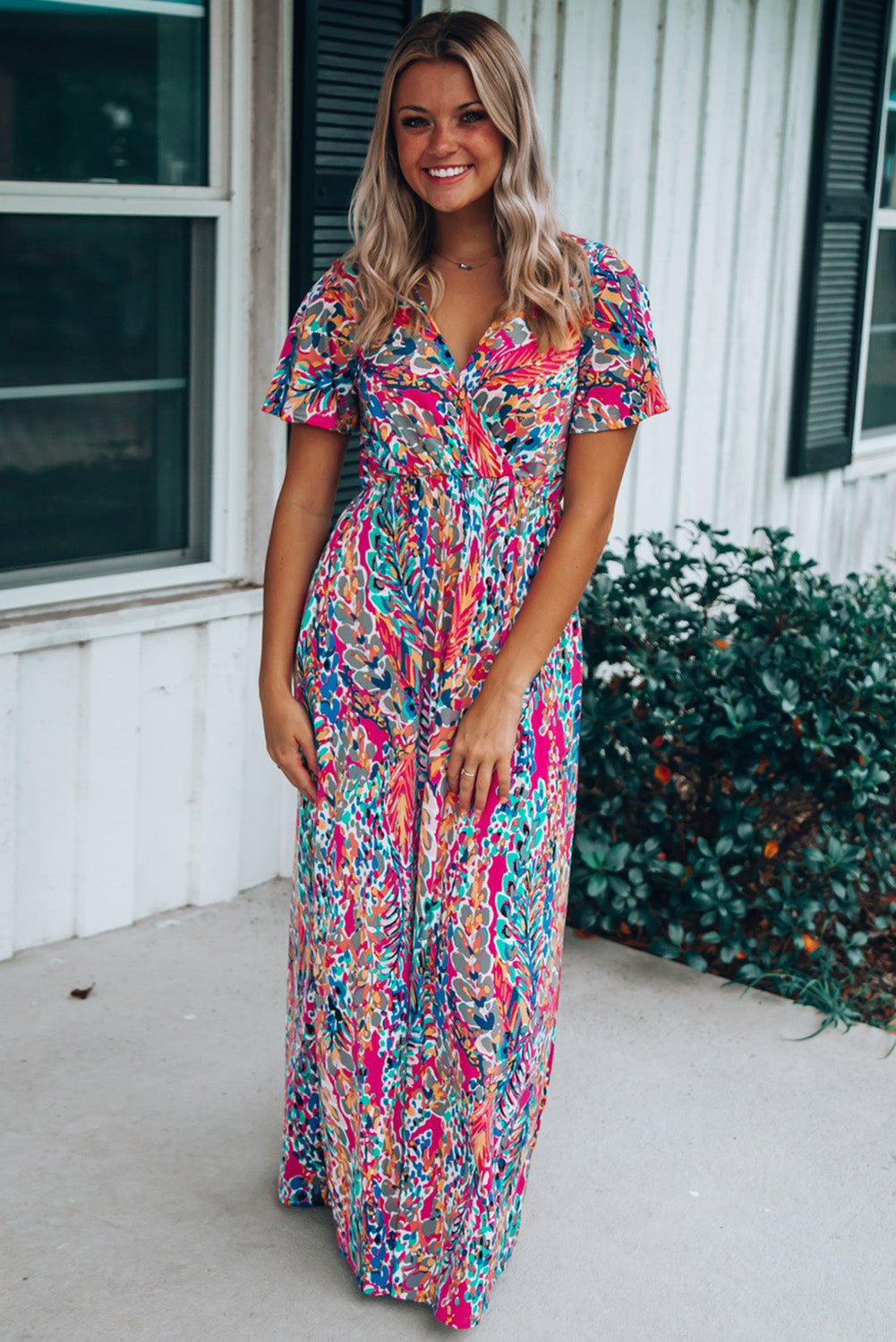 Rose Boho Abstract Print Wrap V Neck Short Sleeve Maxi Dress