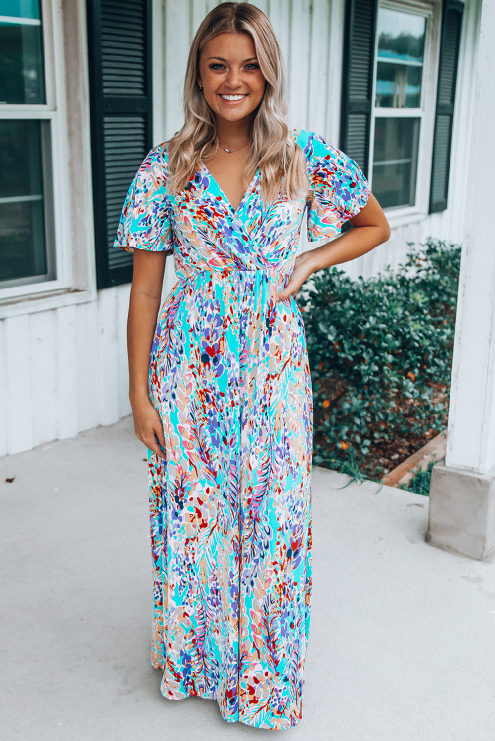 Rose Boho Abstract Print Wrap V Neck Short Sleeve Maxi Dress