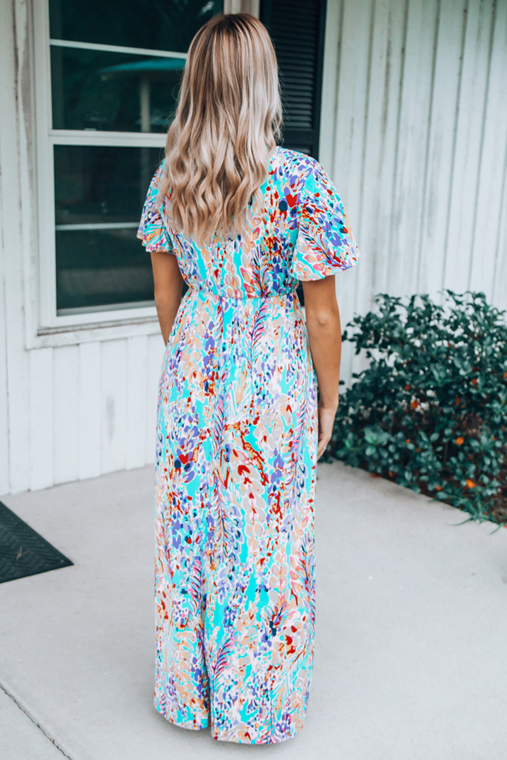 Rose Boho Abstract Print Wrap V Neck Short Sleeve Maxi Dress