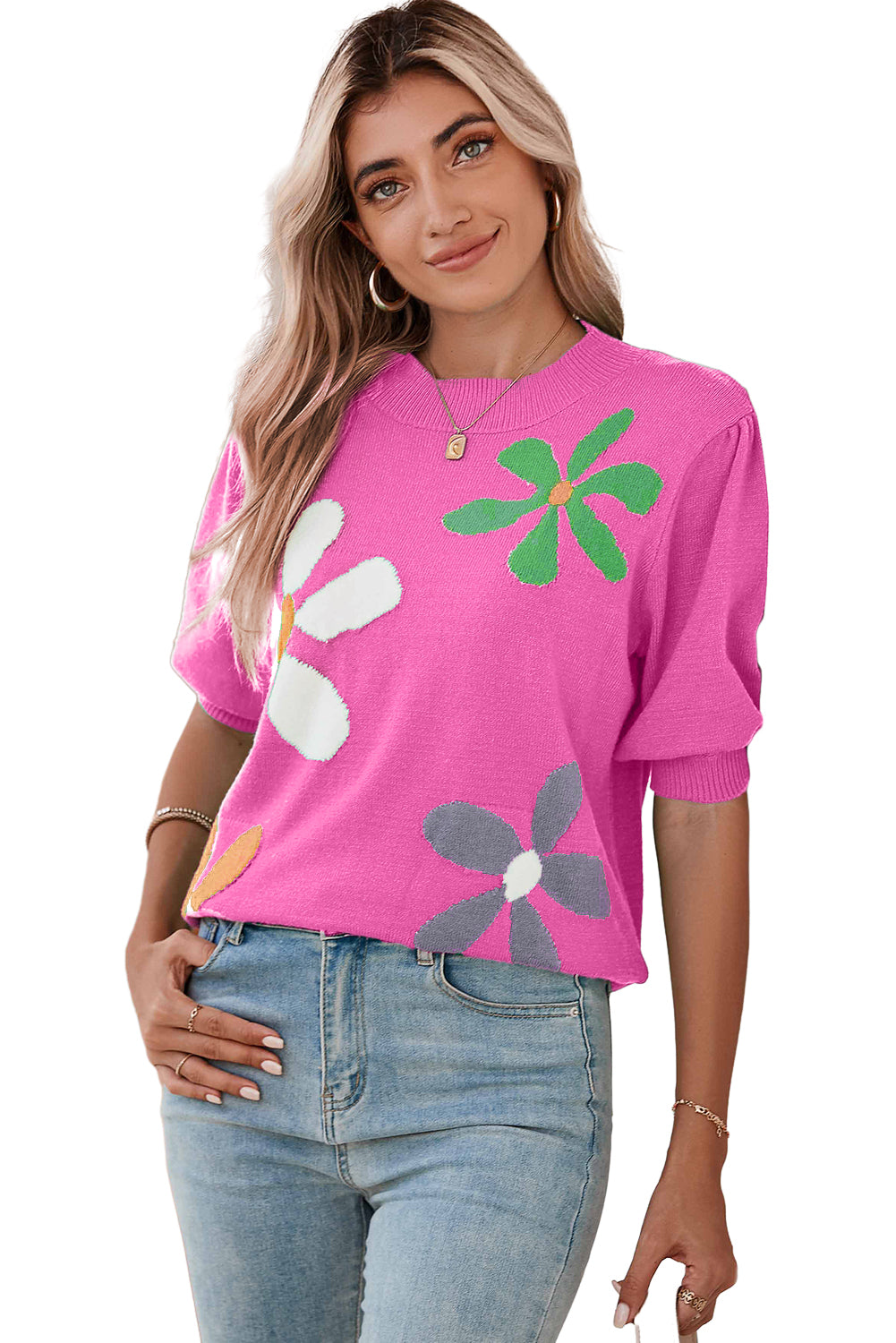 Bright Green Floral Bubble Short Sleeve Knitted Top