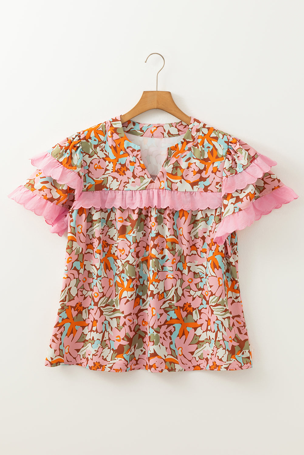 Multicolour Boho Floral V-Neck Ruffle Blouse