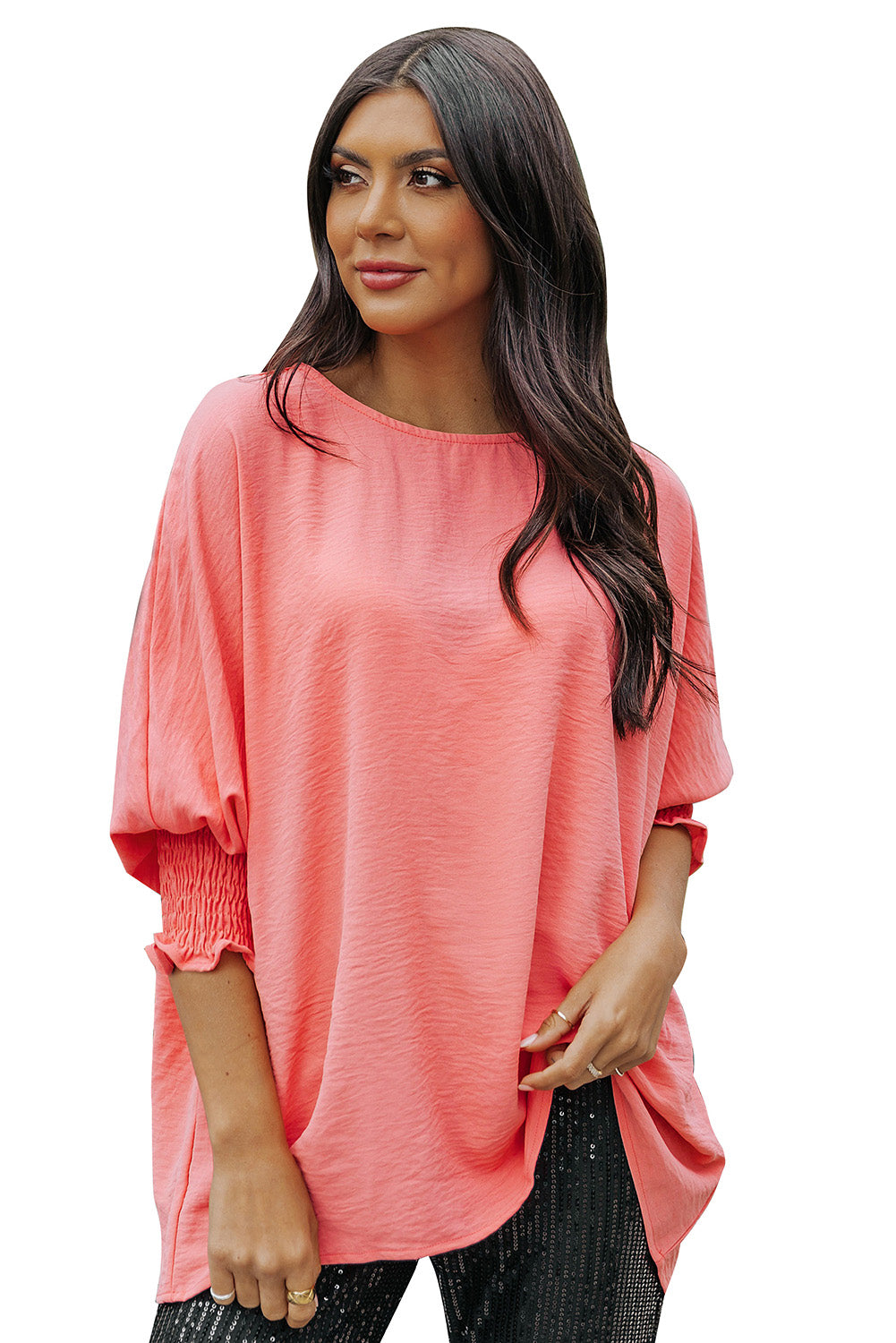 Pink Casual Shirred Cuffs Half Sleeve Top