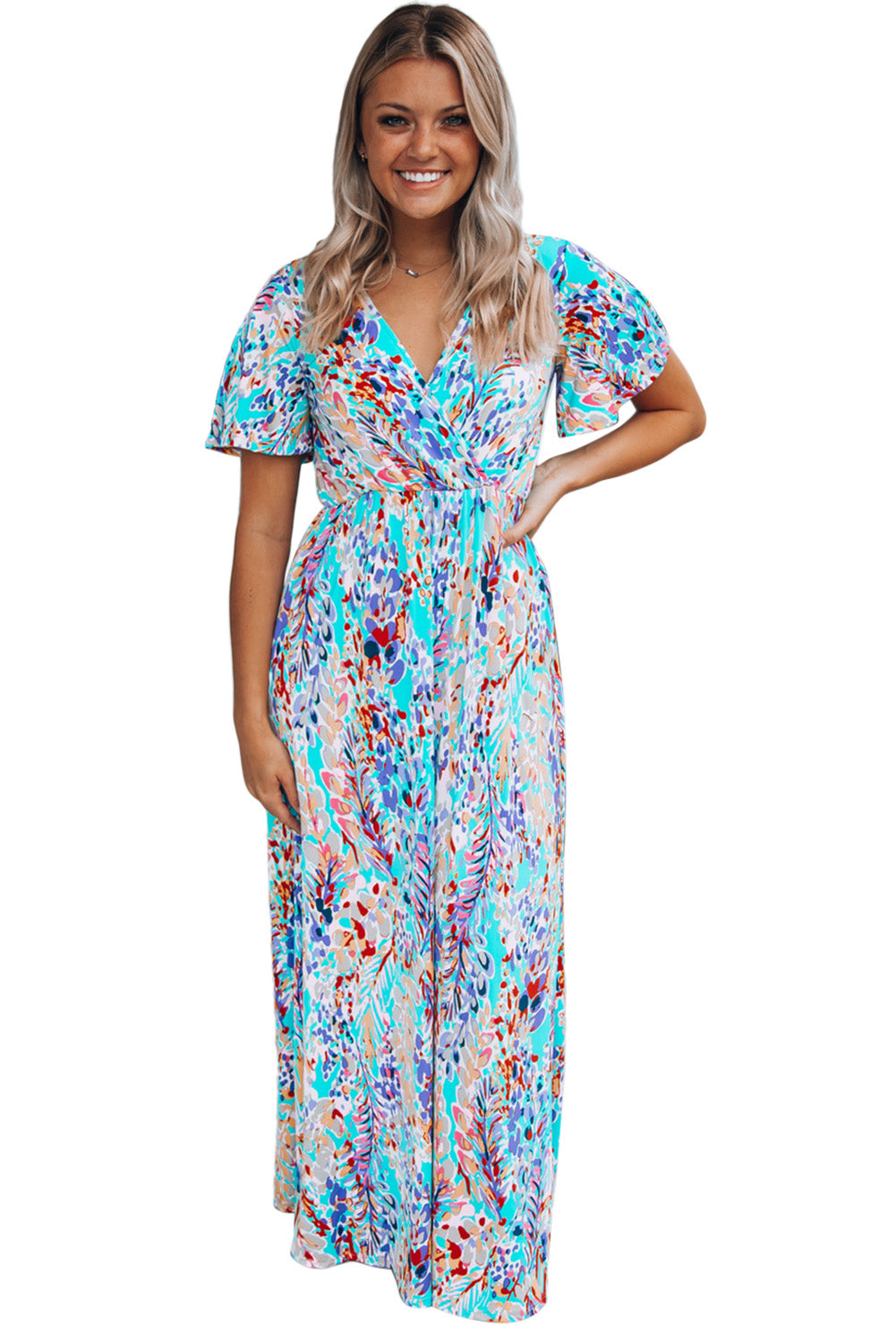 Rose Boho Abstract Print Wrap V Neck Short Sleeve Maxi Dress