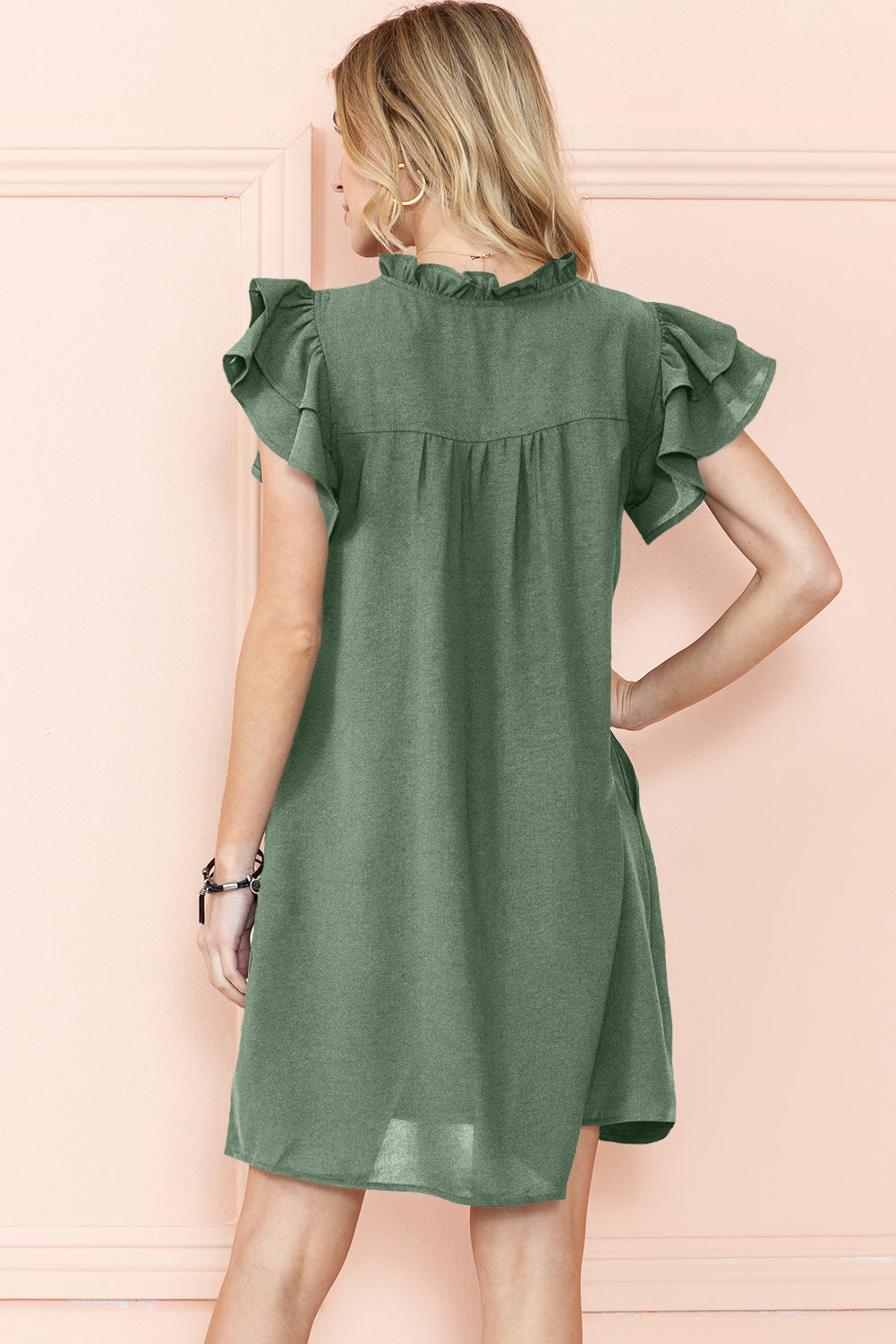 Mist Green Ruffle Trim Sleeve V Neck Pocketed Mini Dress