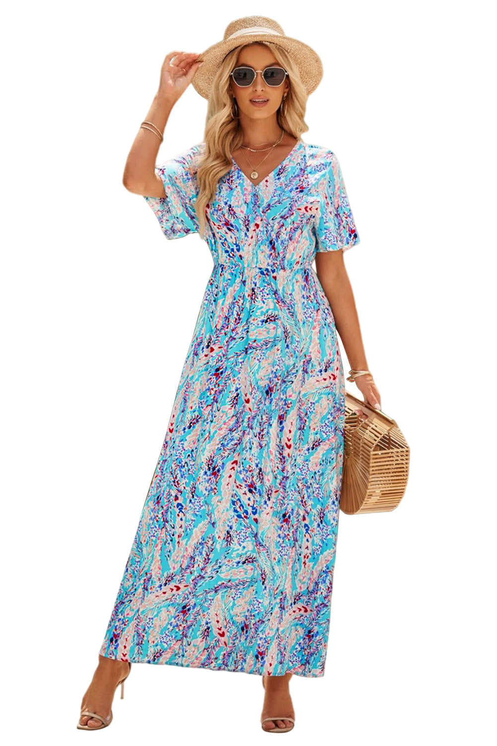 Rose Boho Abstract Print Wrap V Neck Short Sleeve Maxi Dress