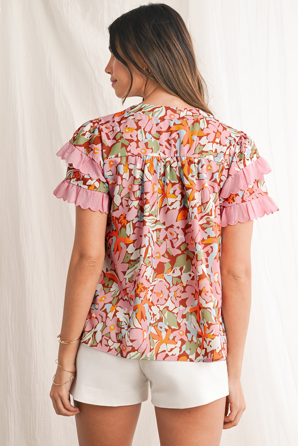 Multicolour Boho Floral V-Neck Ruffle Blouse