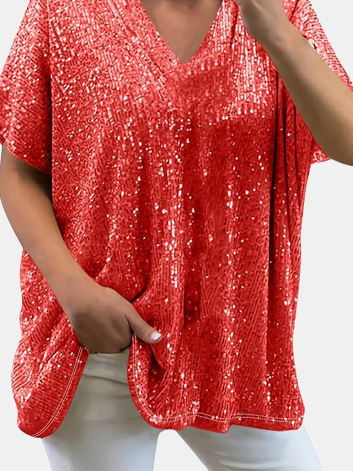 Full Size Sequin V-Neck Short Sleeve Top