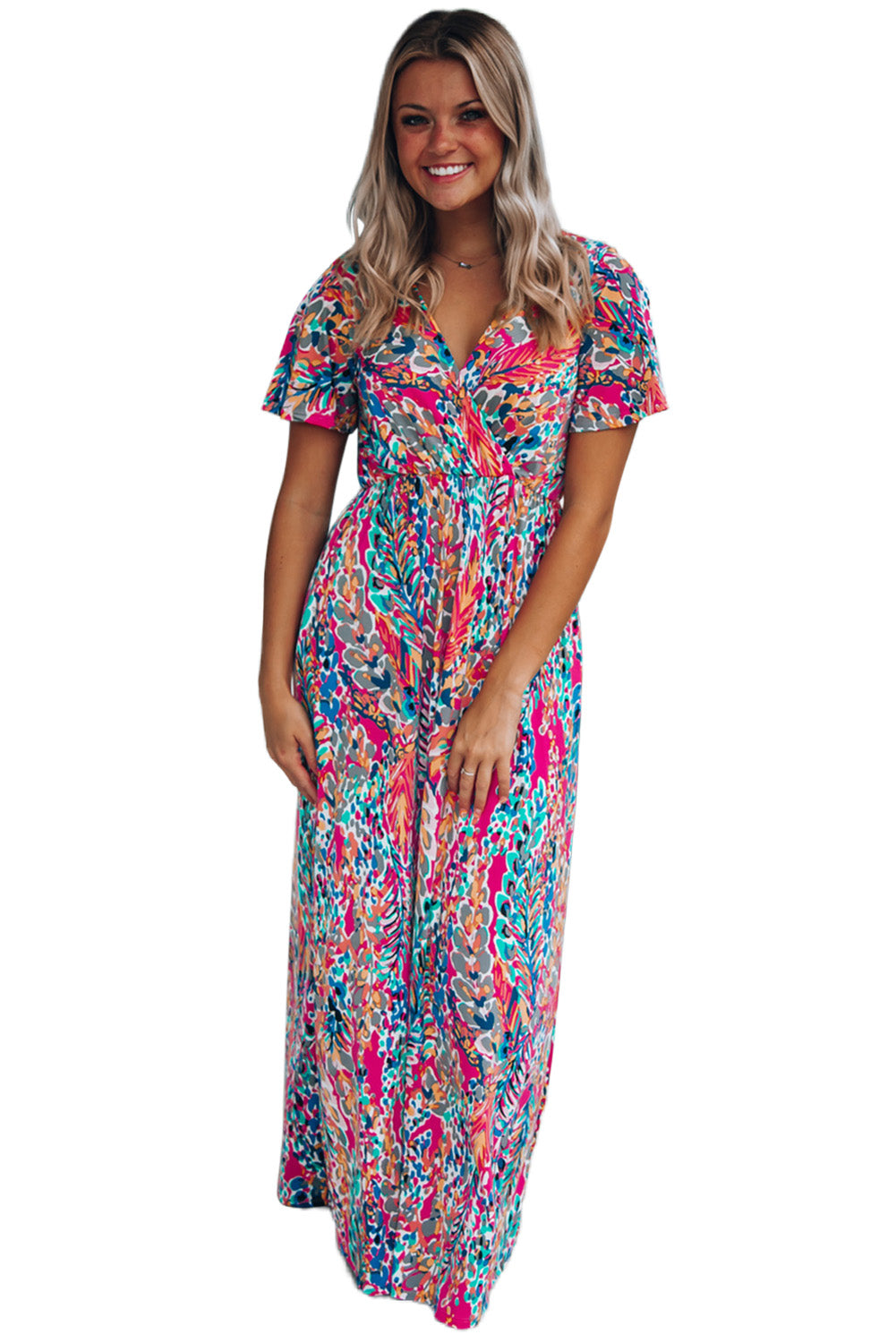 Rose Boho Abstract Print Wrap V Neck Short Sleeve Maxi Dress