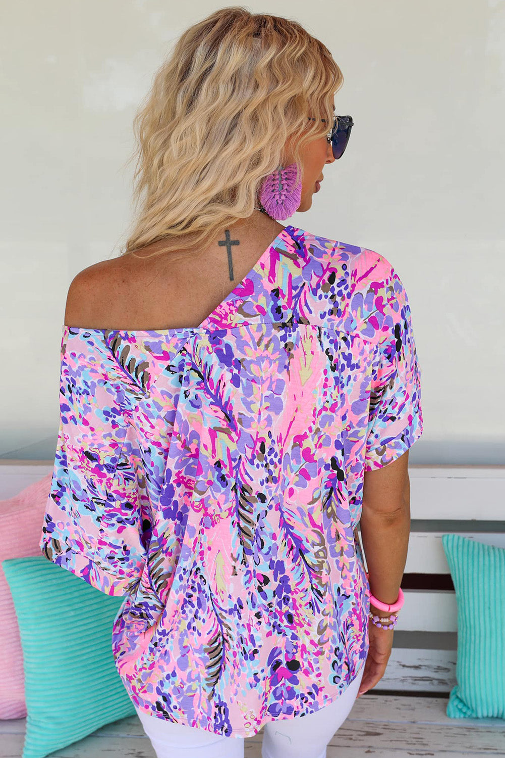 Pastel Blue Abstract Floral Print Short Sleeve V Neck T Shirt