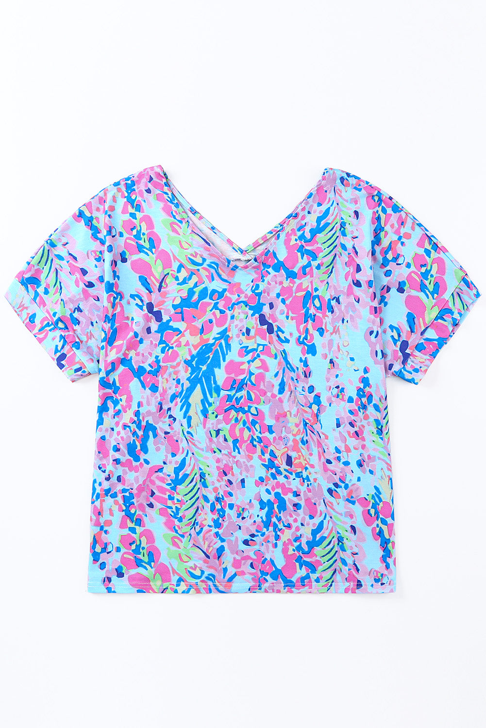 Pastel Blue Abstract Floral Print Short Sleeve V Neck T Shirt