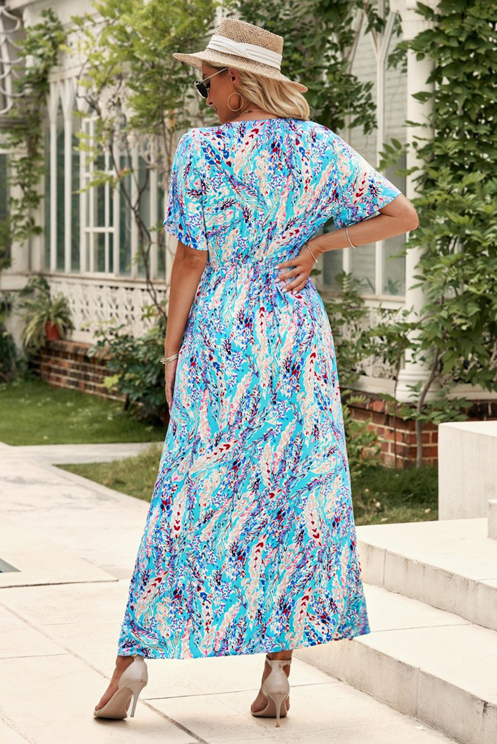 Rose Boho Abstract Print Wrap V Neck Short Sleeve Maxi Dress