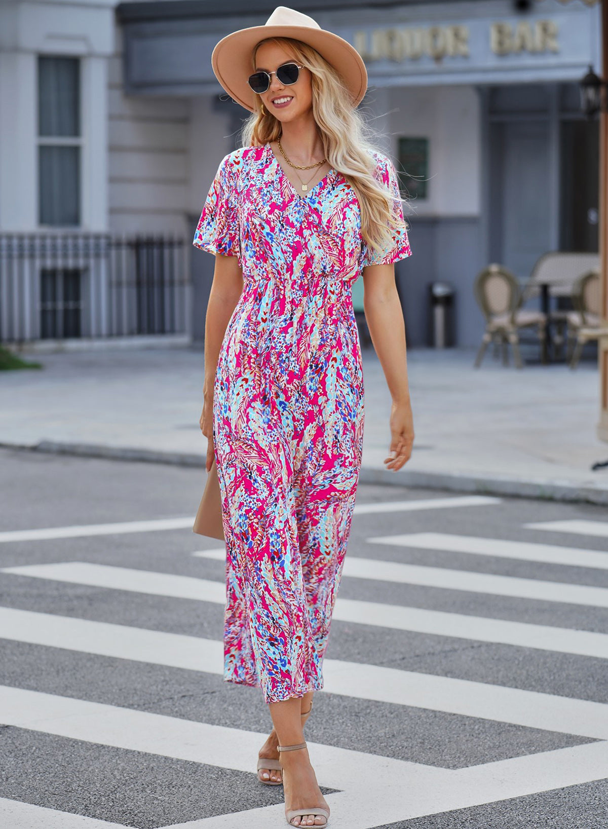 Rose Boho Abstract Print Wrap V Neck Short Sleeve Maxi Dress