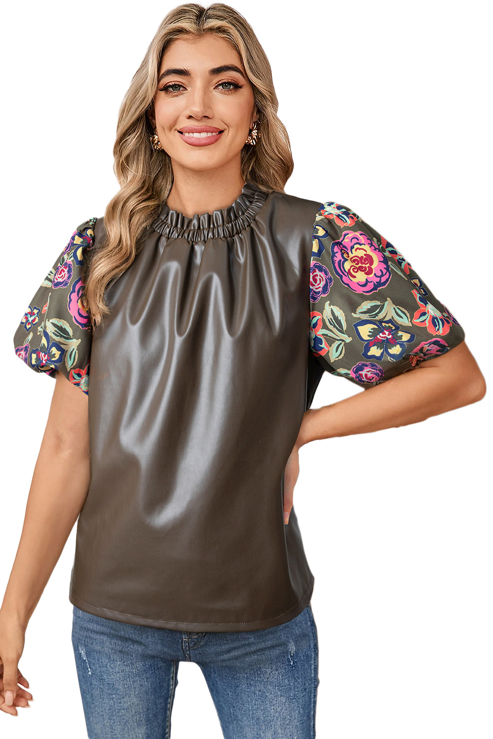 Floral Puff Sleeve Boho Frill Neck Blouse