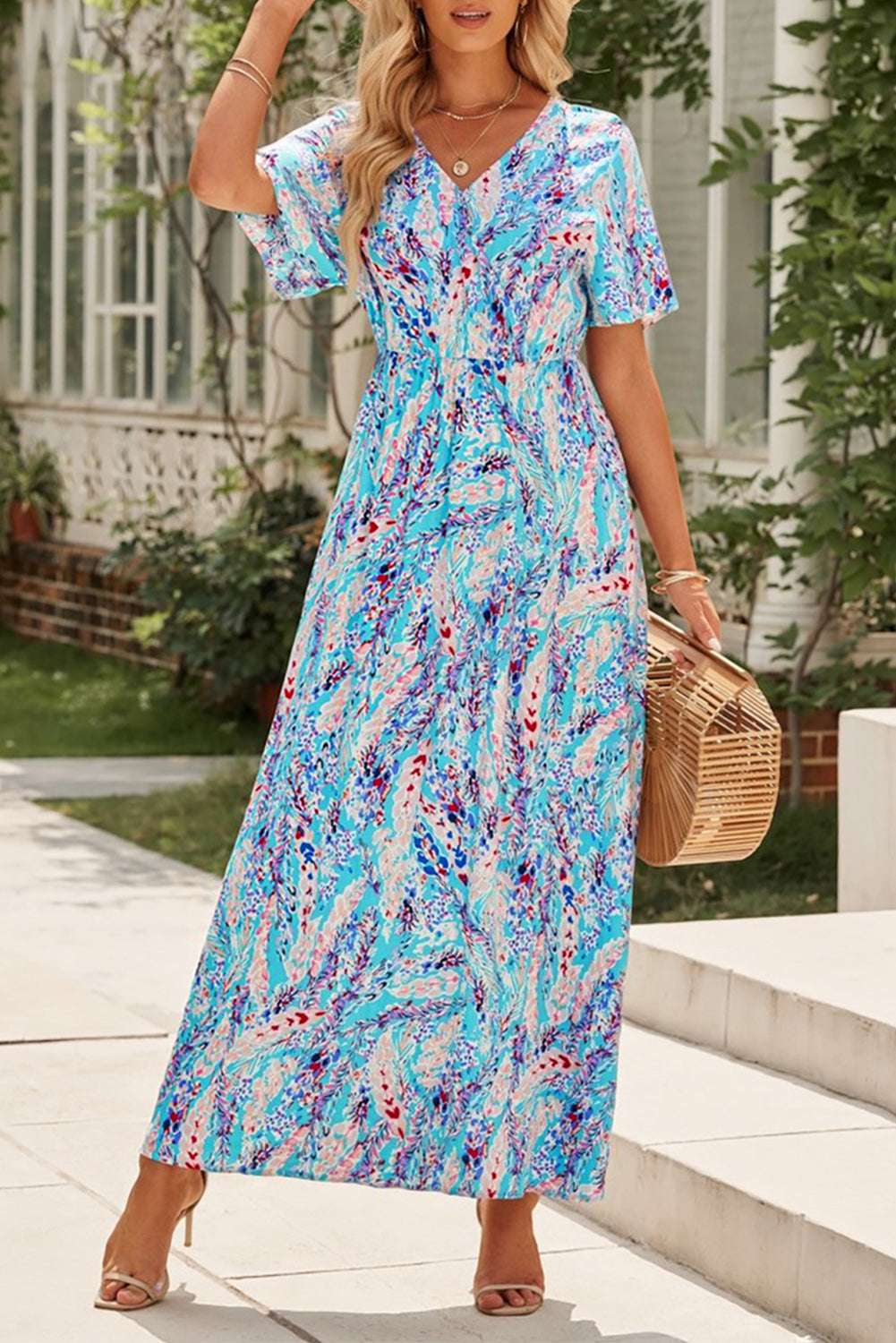 Rose Boho Abstract Print Wrap V Neck Short Sleeve Maxi Dress