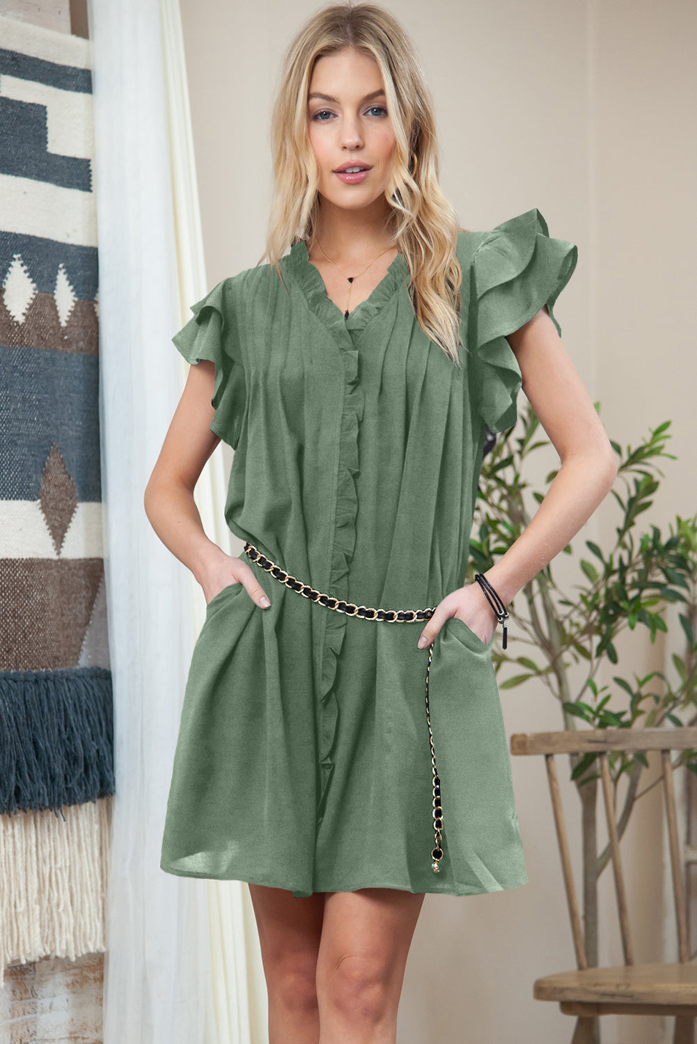 Mist Green Ruffle Trim Sleeve V Neck Pocketed Mini Dress