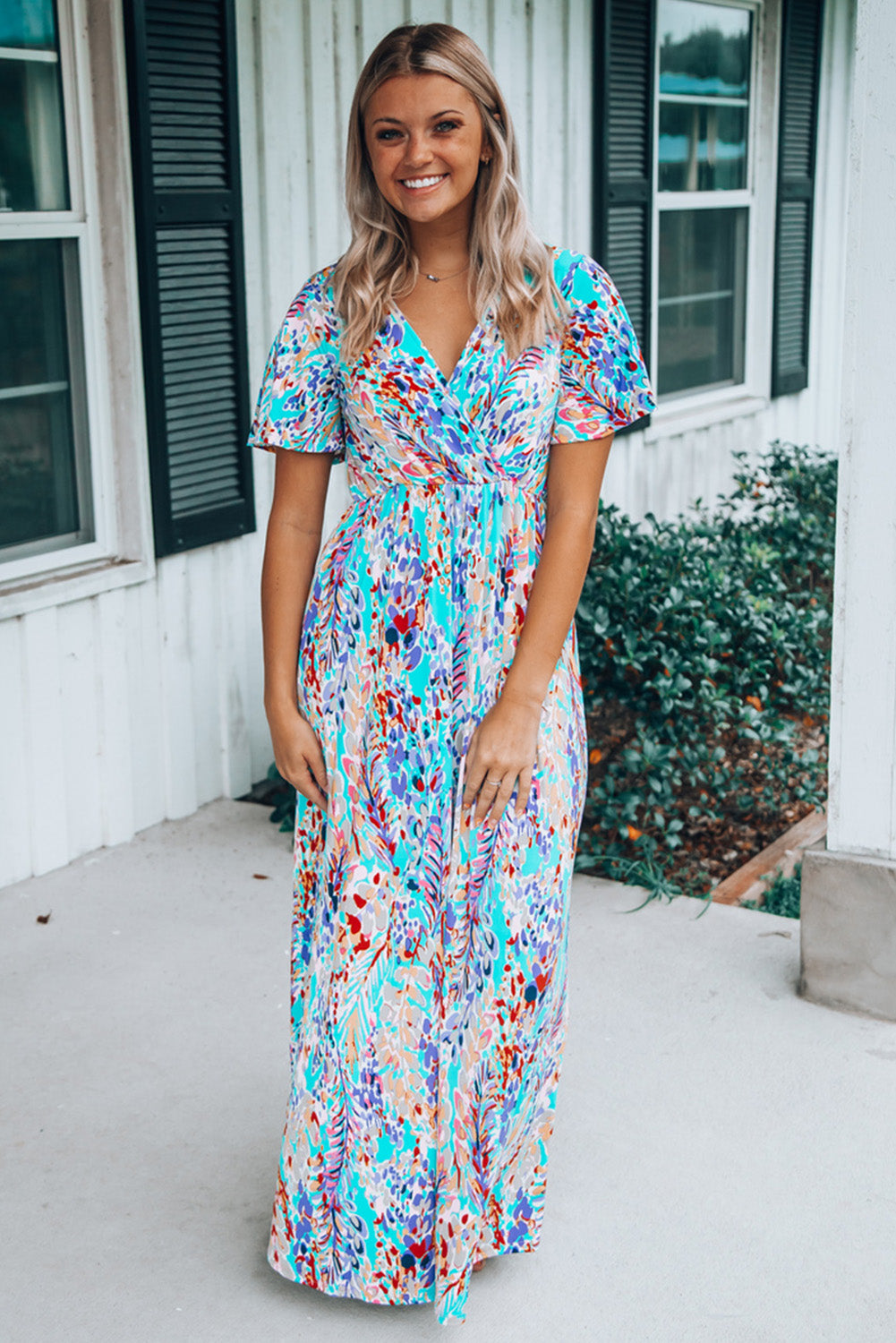 Rose Boho Abstract Print Wrap V Neck Short Sleeve Maxi Dress