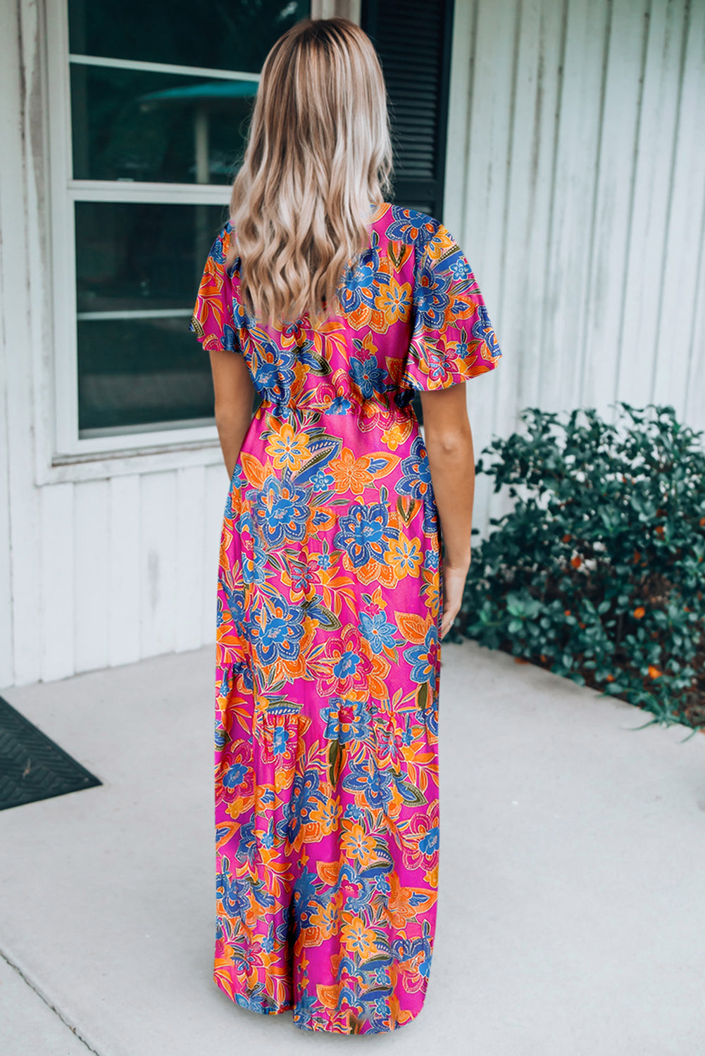 Rose Boho Abstract Print Wrap V Neck Short Sleeve Maxi Dress