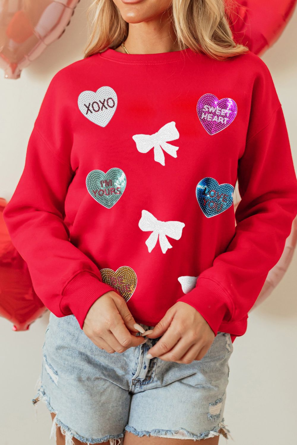 Valentine’s Day Sequin Bow Heart Round Neck Sweatshirt