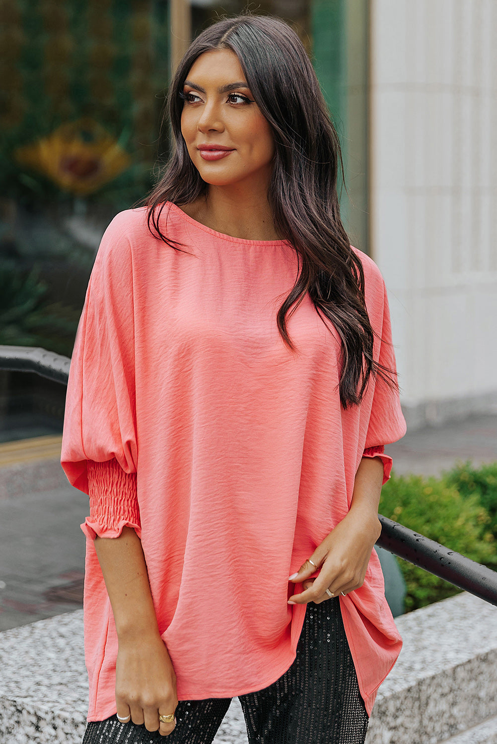 Pink Casual Shirred Cuffs Half Sleeve Top