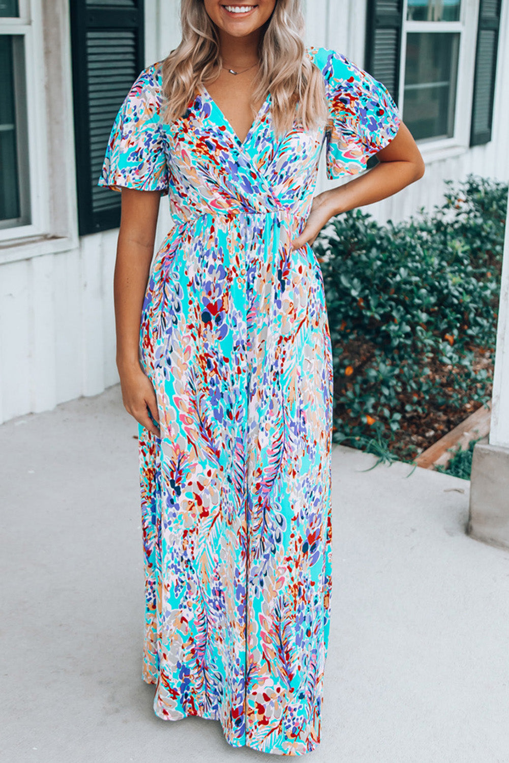 Rose Boho Abstract Print Wrap V Neck Short Sleeve Maxi Dress