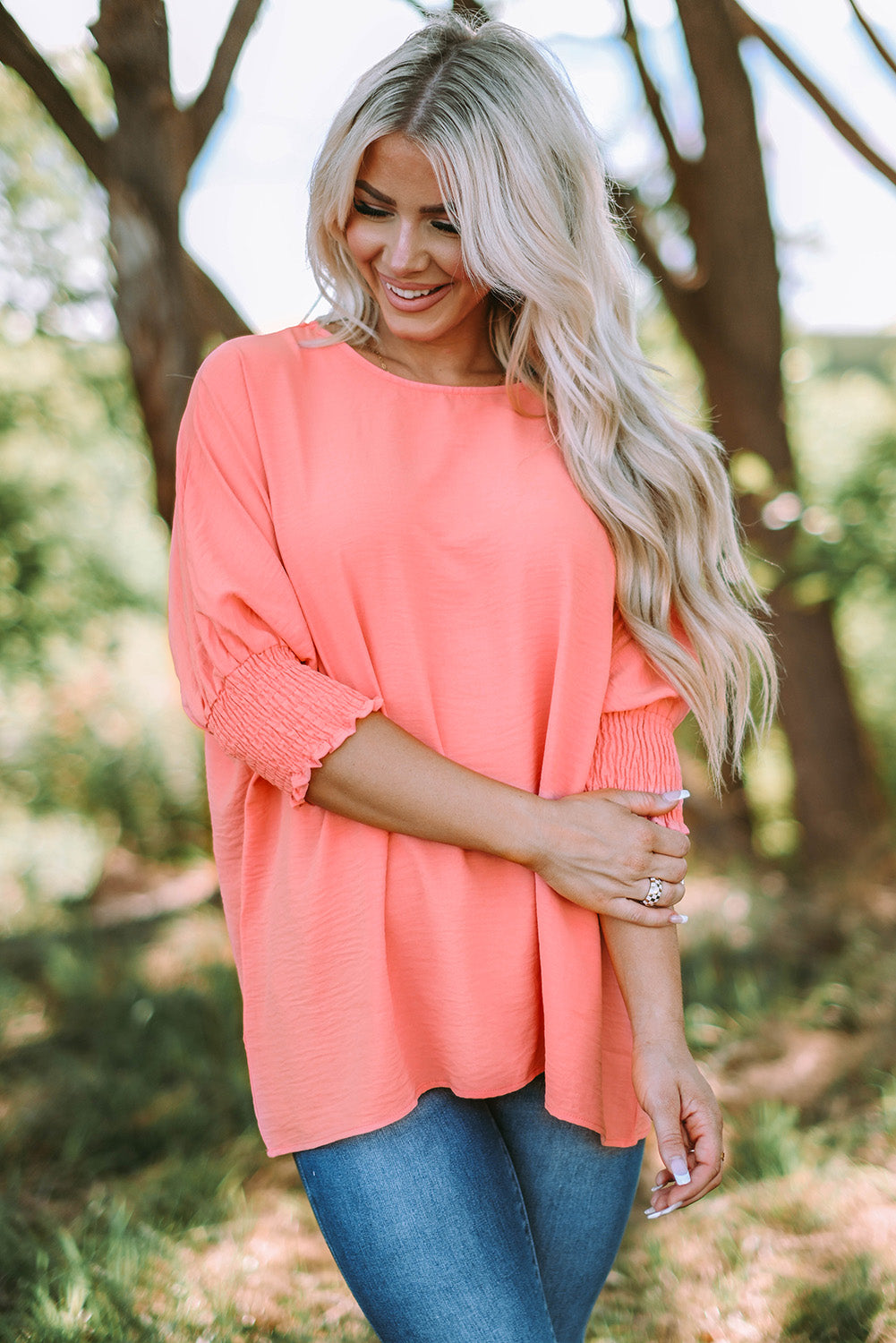 Pink Casual Shirred Cuffs Half Sleeve Top