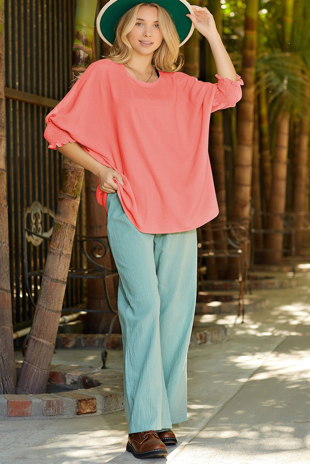 Pink Casual Shirred Cuffs Half Sleeve Top