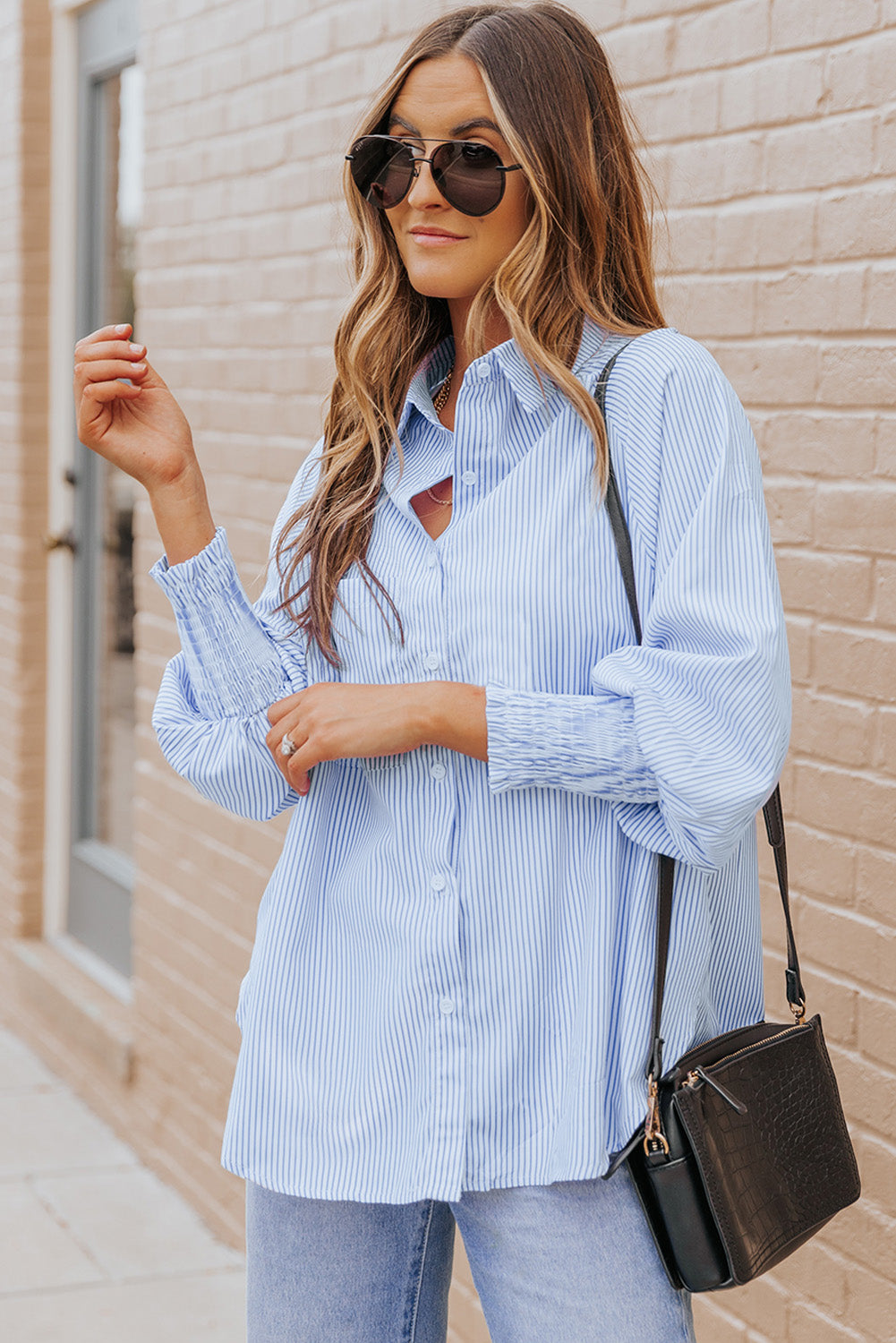 Black Striped Casual Shirred Cuffs Shirt