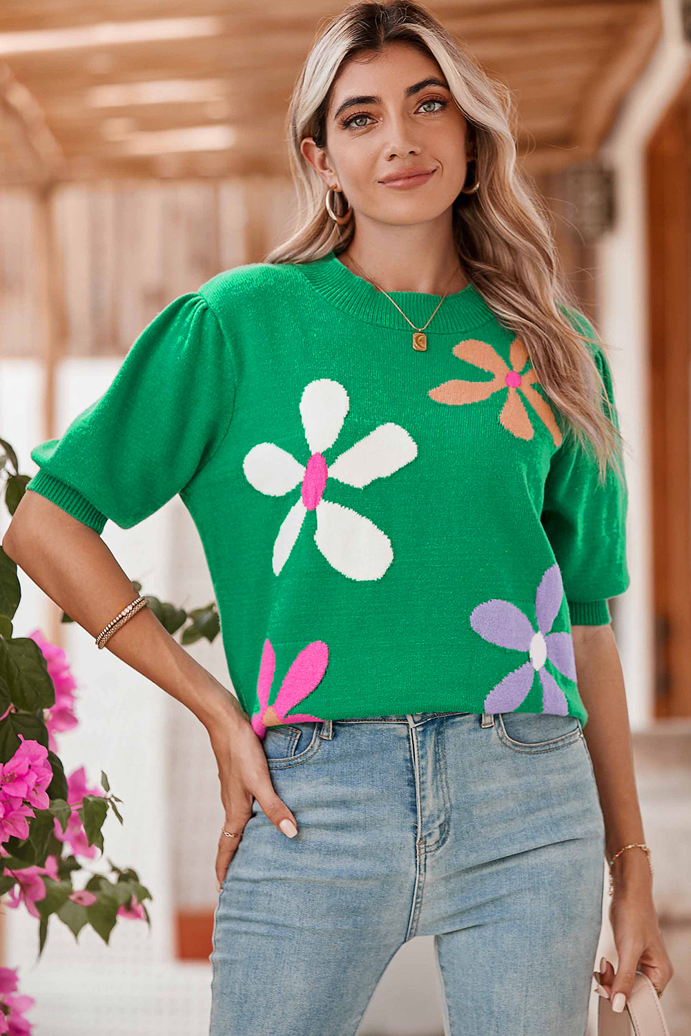 Bright Green Floral Bubble Short Sleeve Knitted Top