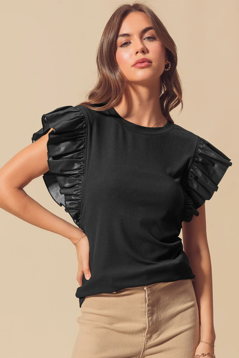 Black Leather Ruffle Shoulder Plain Blouse