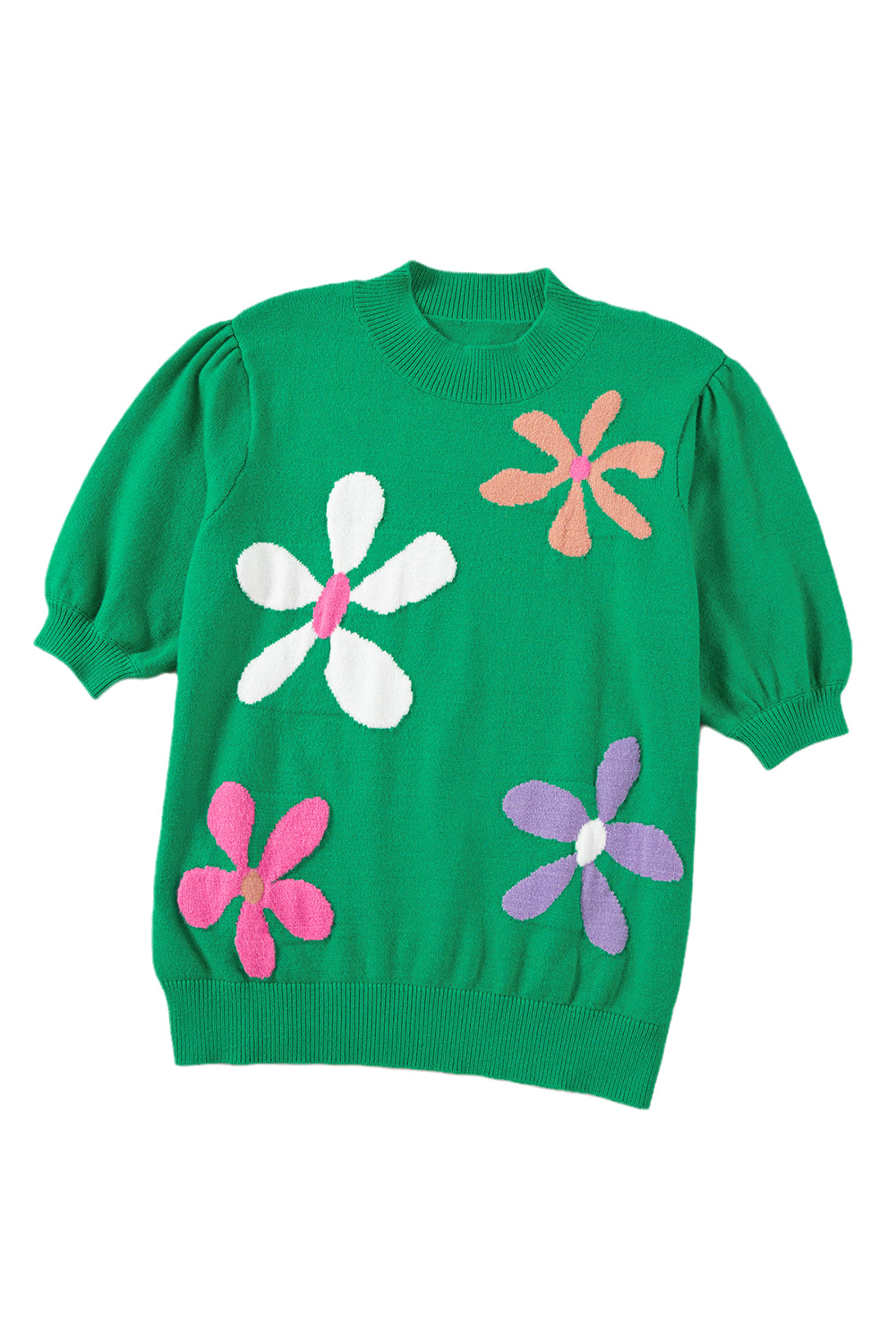 Bright Green Floral Bubble Short Sleeve Knitted Top