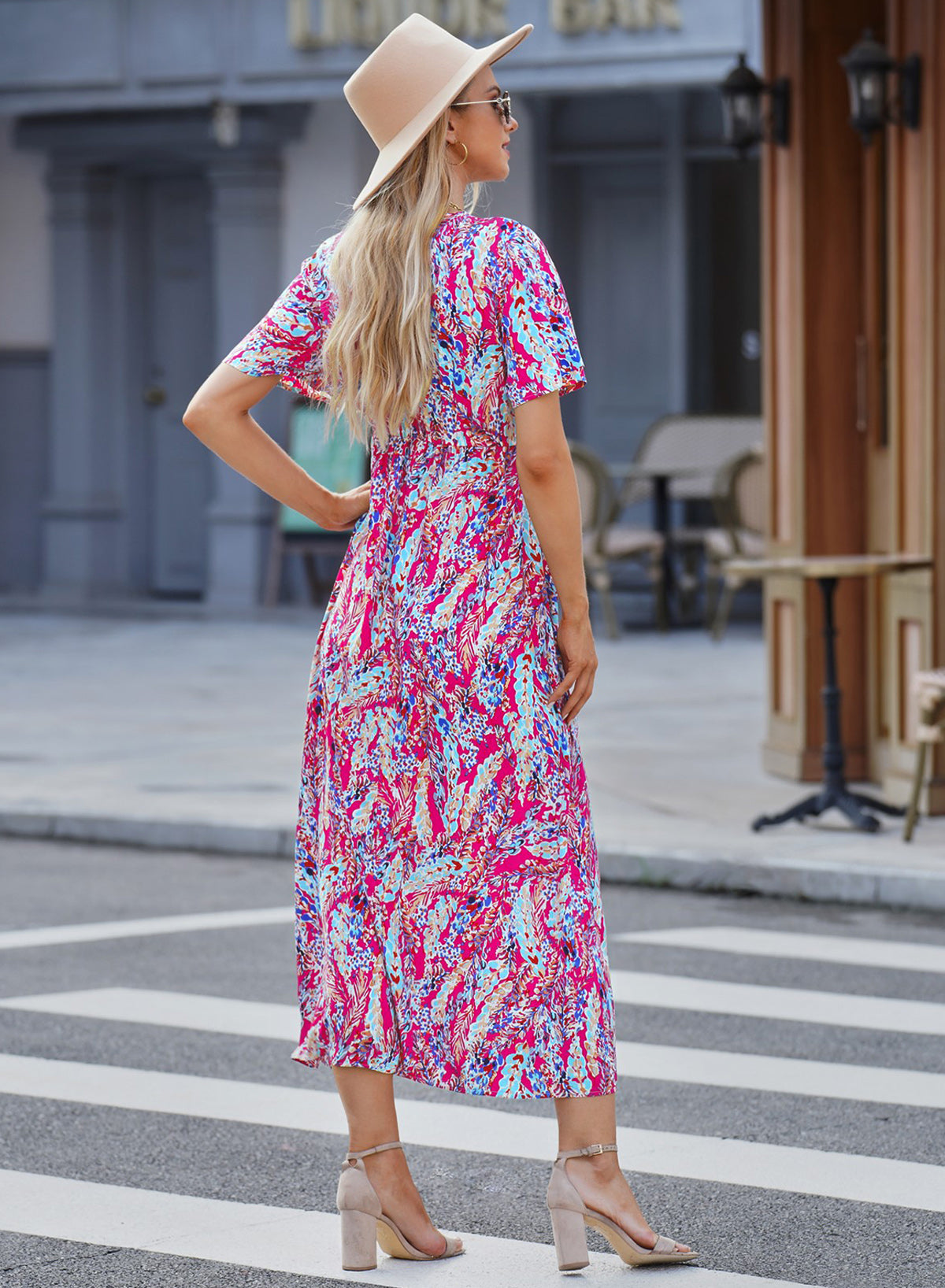 Rose Boho Abstract Print Wrap V Neck Short Sleeve Maxi Dress