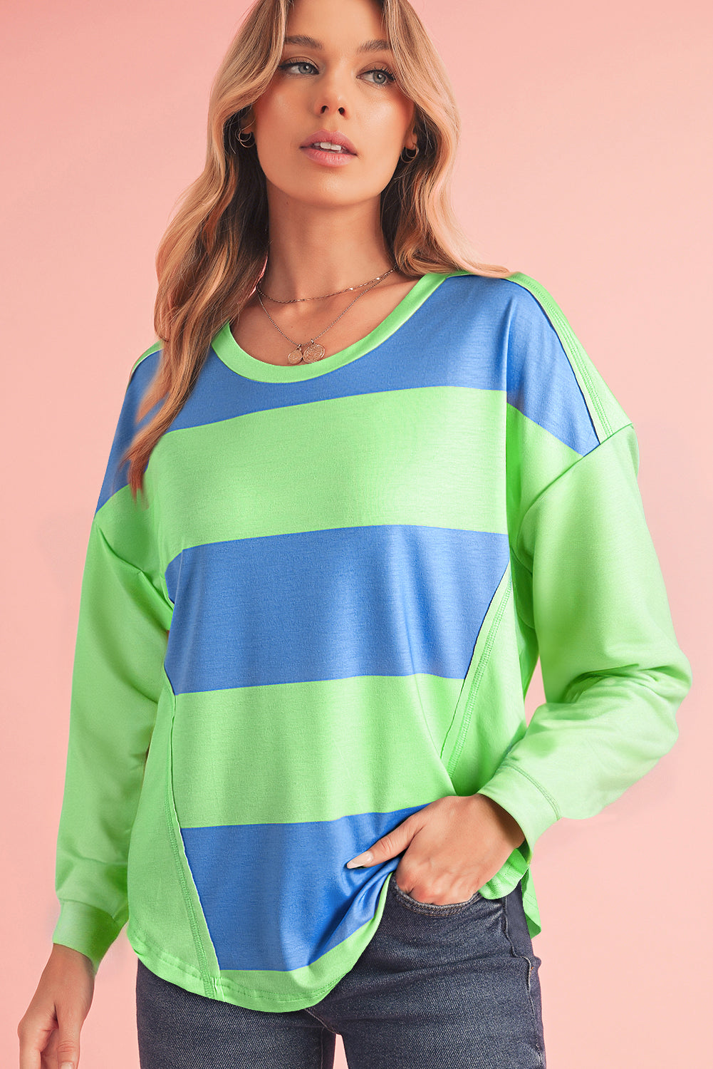 Light Green Colorblock Drop Sleeve Round Neck Top