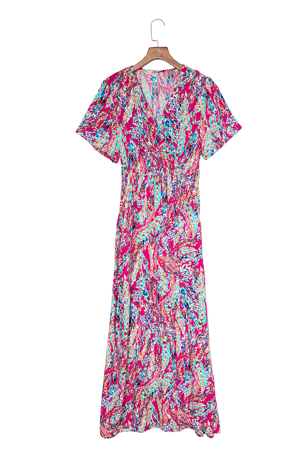 Rose Boho Abstract Print Wrap V Neck Short Sleeve Maxi Dress