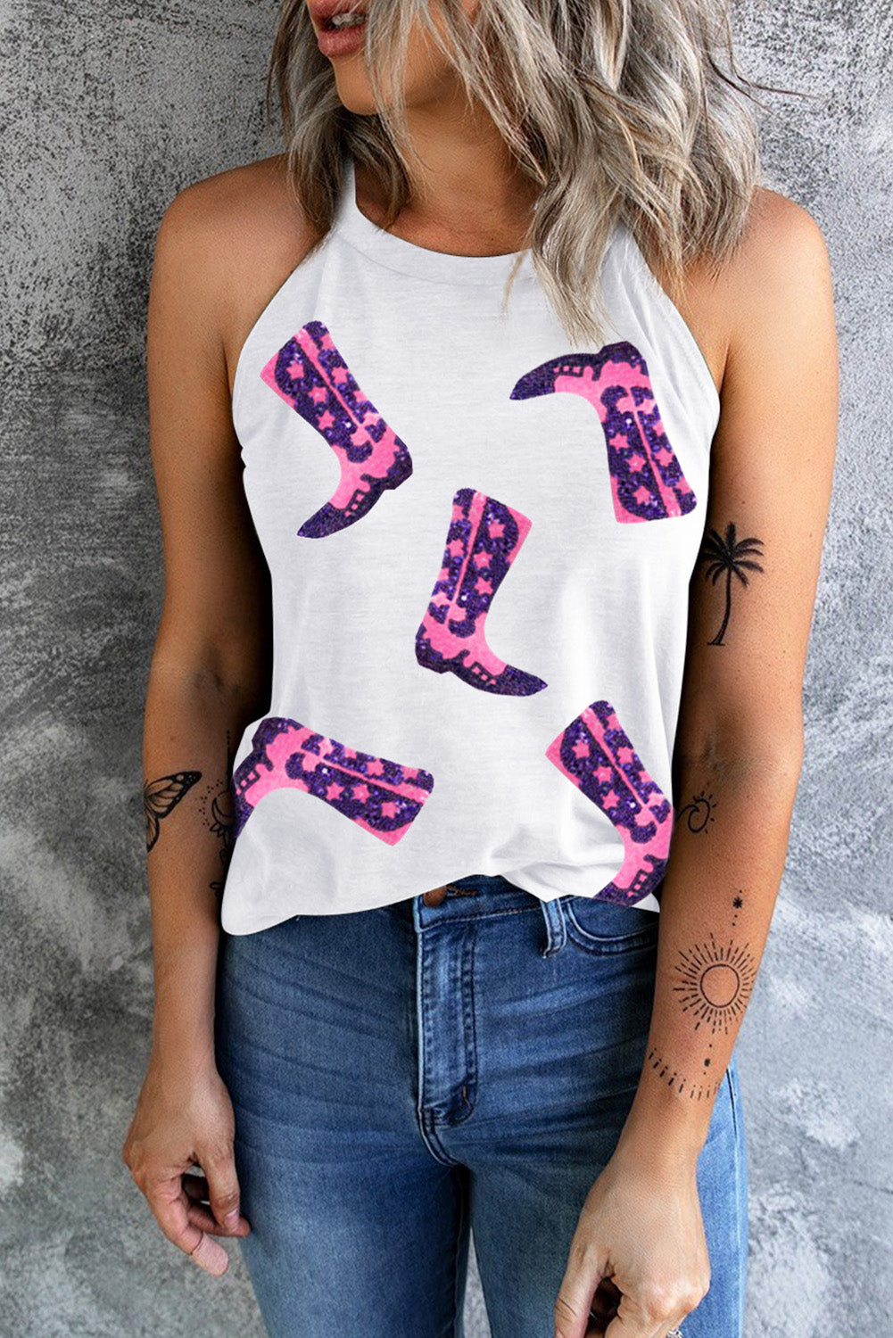 Sequin Boots Print Round Neck Tank