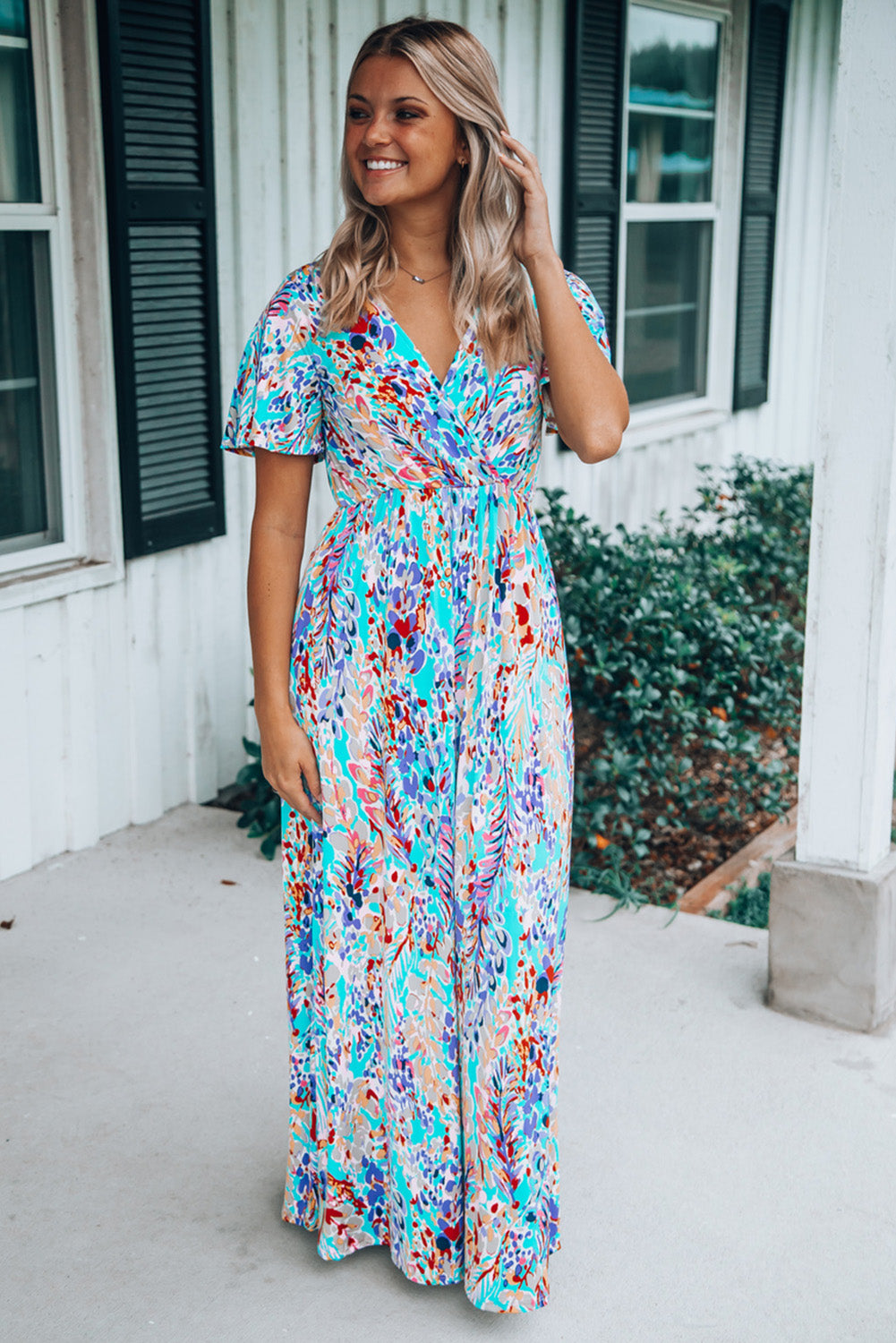 Rose Boho Abstract Print Wrap V Neck Short Sleeve Maxi Dress