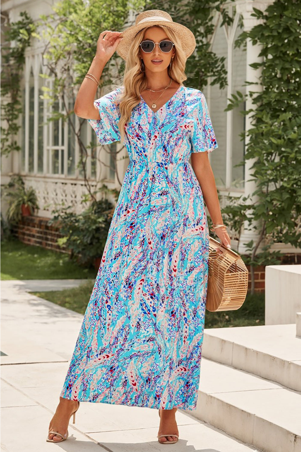 Rose Boho Abstract Print Wrap V Neck Short Sleeve Maxi Dress