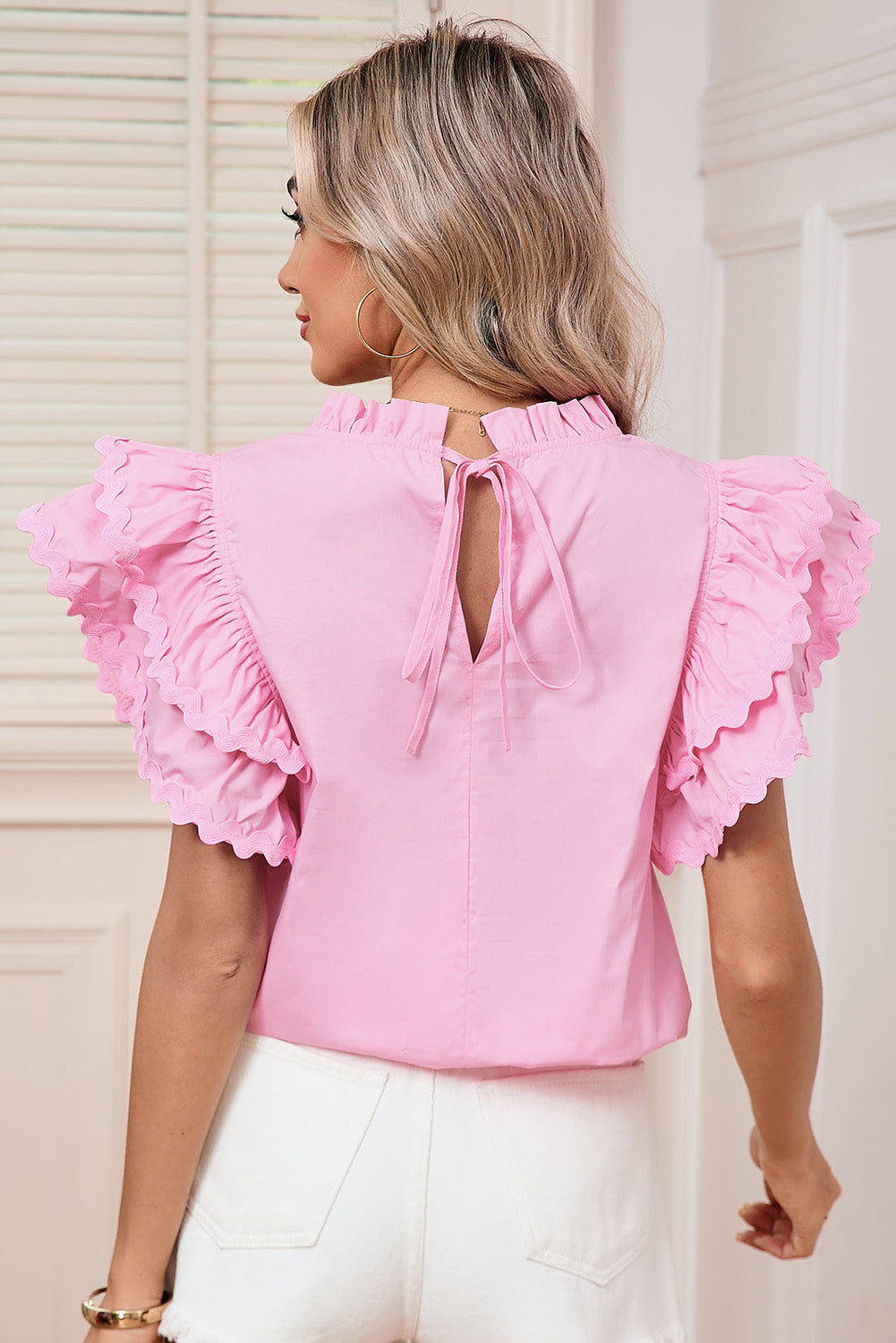 Bonbon Ricrac Applique Ruffle Sleeve Frill Neck Blouse