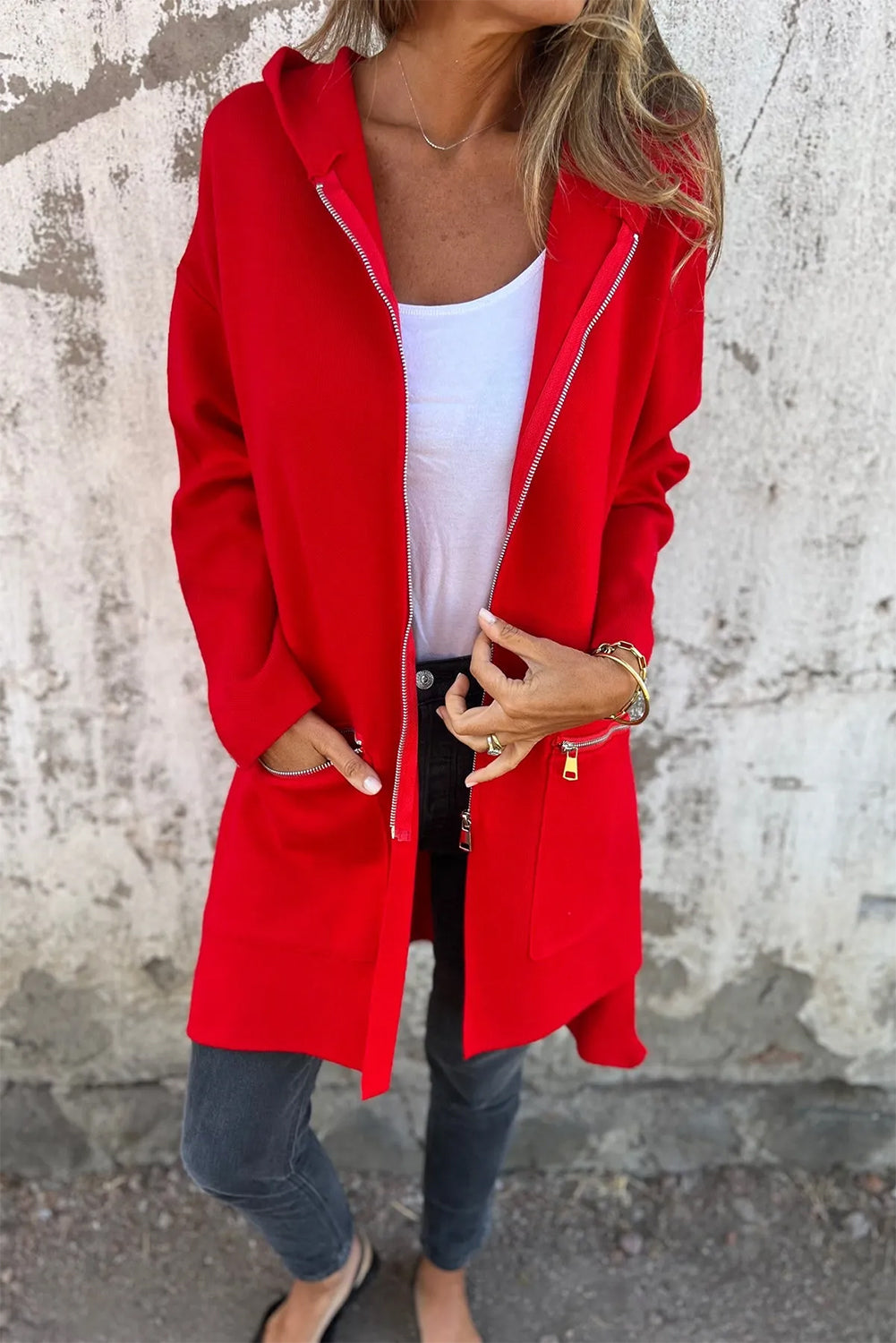 Fiery Red Solid Color Casual Zipper Hooded Jacket