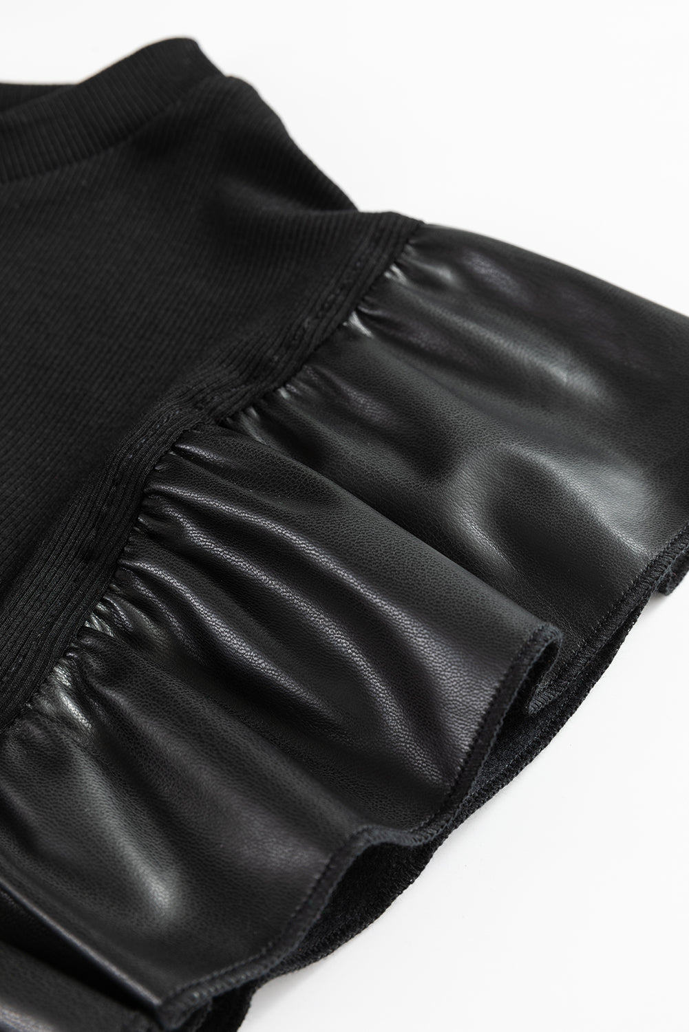 Black Leather Ruffle Shoulder Plain Blouse