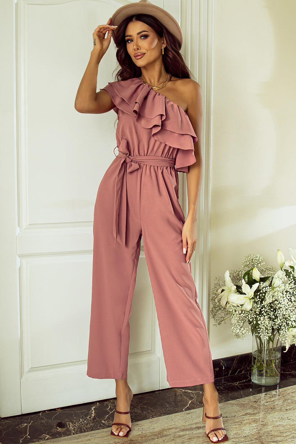 Ruffled Tied One-Shoulder Jumpsuit