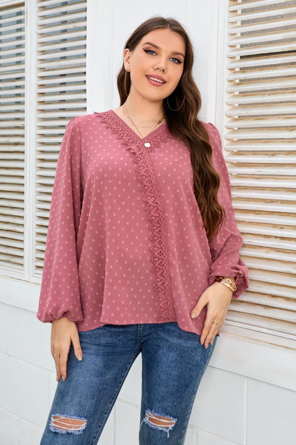 Melo Apparel Plus Size Lace Trim V-Neck Balloon Sleeve Blouse