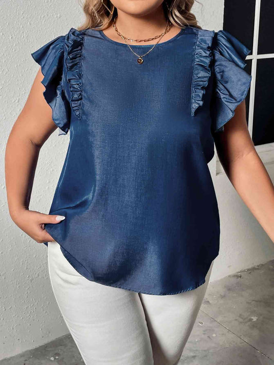 Plus Size Round Neck Flounce Sleeve Frill Trim Blouse