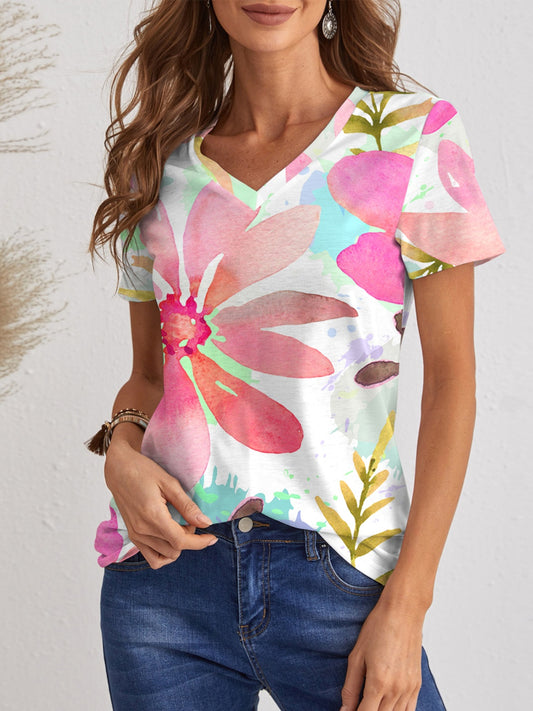 Printed V-Neck Short Sleeve T-Shirt